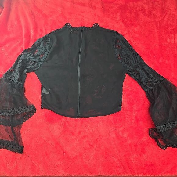 Peach Black Sheer Lace Blouse Floral Scalloped Trim Whimsigoth Coquette Size M - Picture 12 of 16